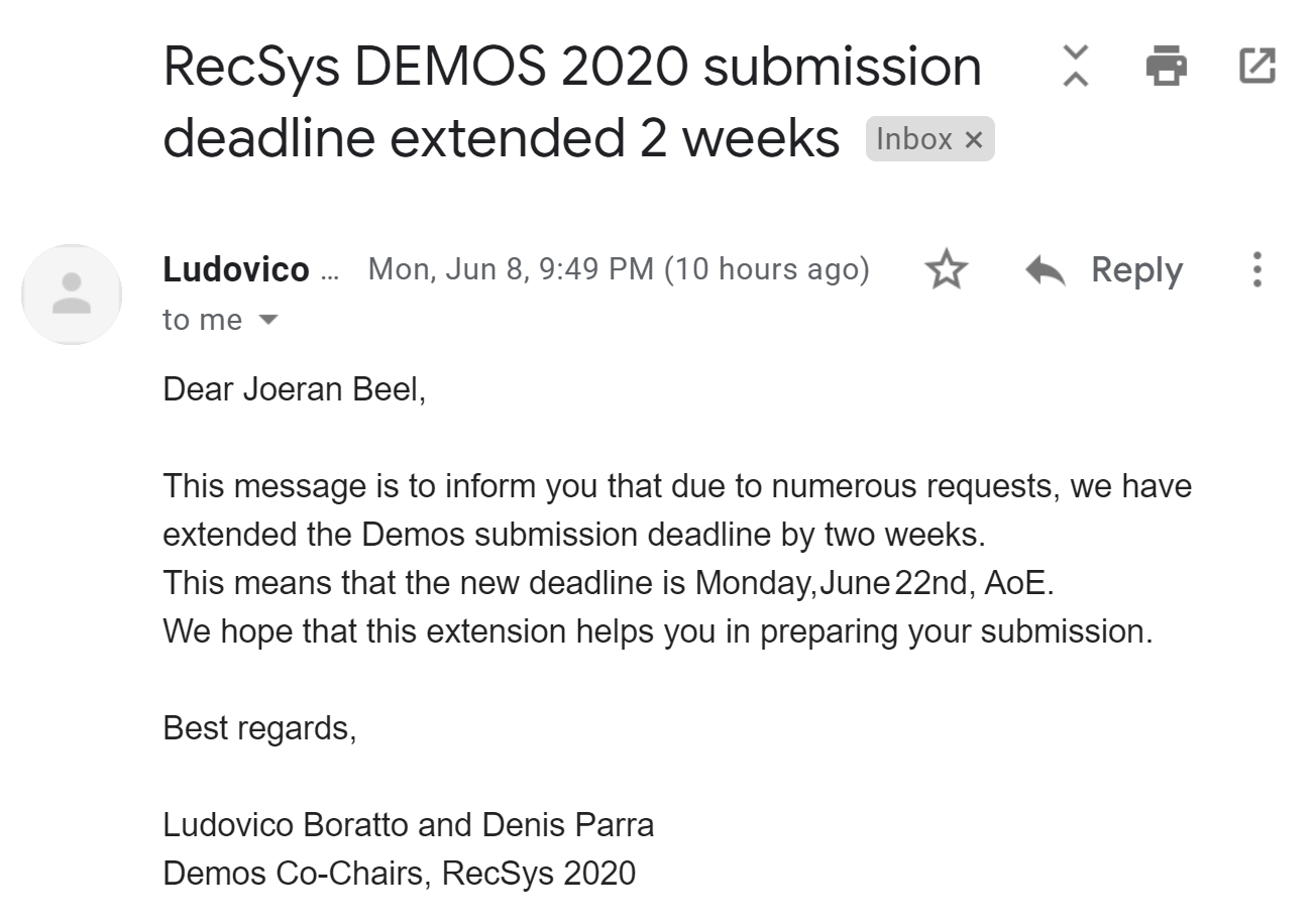 Deadline for Demo Submissions to the ACM RecSys Conference Extended by