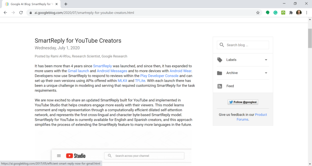Google´s SmartReply comes to YouTube [Rami Al-Rfou @ Google AI Blog] – RS_c