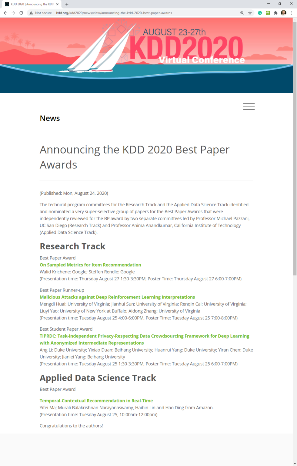 50 of the bestpaper awards at KDD 2020 go to